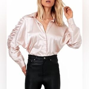 A.S. by DF Ferrara Blouse Blush Cream Pink Satin Ruched Sleeve Size XS NWT